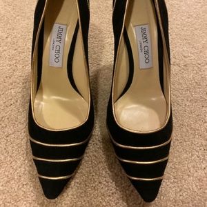 Jimmy Choo black suede heels w/ gold piping